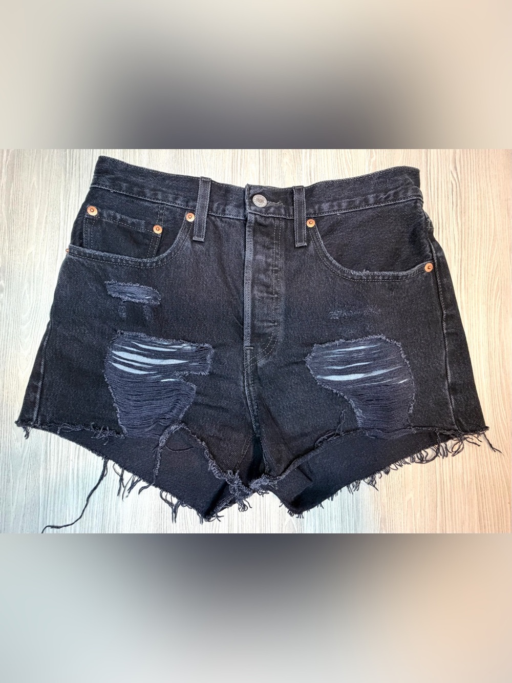 Levi's 501 Original Denim Shorts Women's W27 Black Distressed Raw Hem 56327-0268